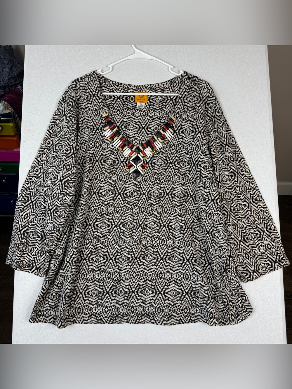 Ruby Rd Top Womens Plus Size 3X Black White Beaded V Neck 3/4 Sleeves